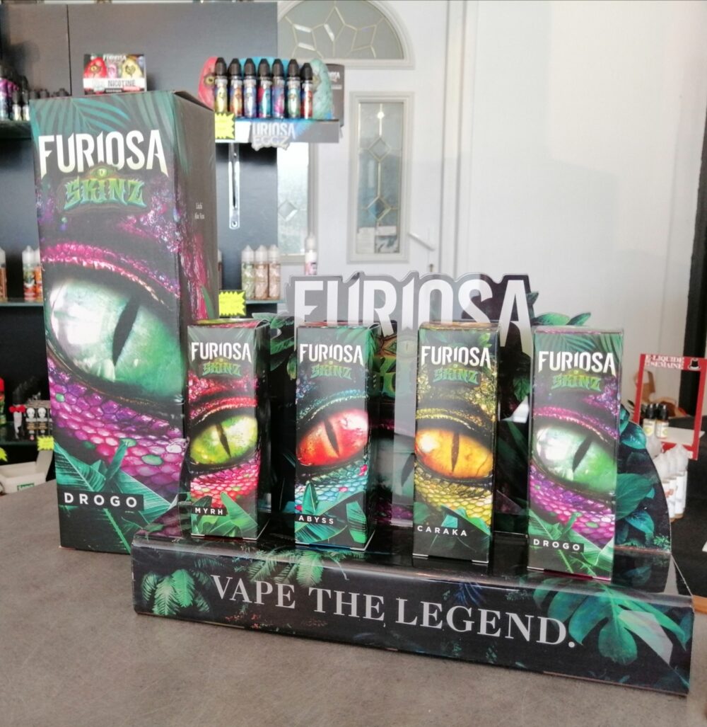 Photo Gamme Furiosa SKINZ + PLV plexiglass + Boite Factice - Gamme en 80mL- Vape 47 - E-liquide cigarette électronique pod sevrage tabagique vapers vapoteur expert intermédiaire